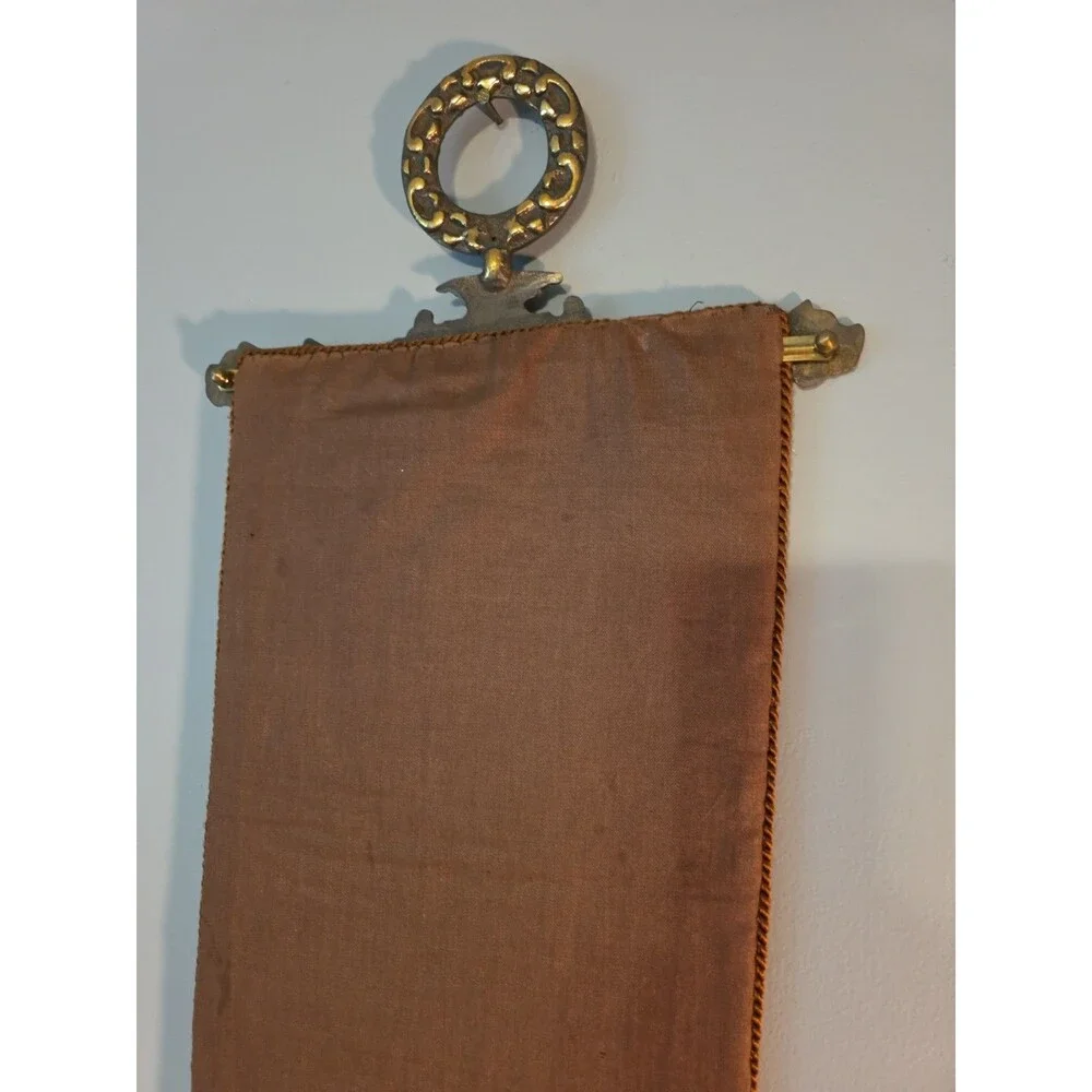 Vintage Embroidered Floral Tapestry Wall Decroative Hanging Brass Ends - 65